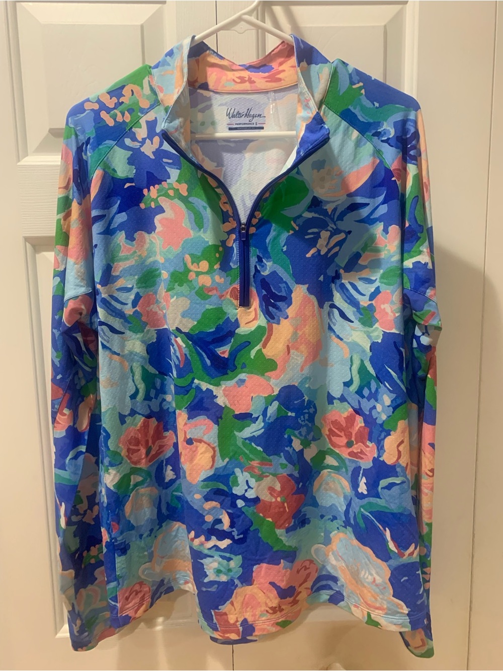 Walter Hagen P11 UV Protection Quarter Zip Blue Gouache Floral XXL NWOT - Picture 2 of 6